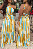 Casual Street Daily Elegant Vacation Mixed Printing Striped Backless Printing Contrast Halter Dresses