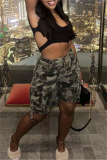 Casual Camouflage Print Patchwork Pocket Regular High Waist Straight Full Print Shorts