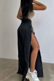 Casual Solid Slit Mid Waist Denim Jeans