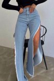 Casual Solid Slit Mid Waist Denim Jeans