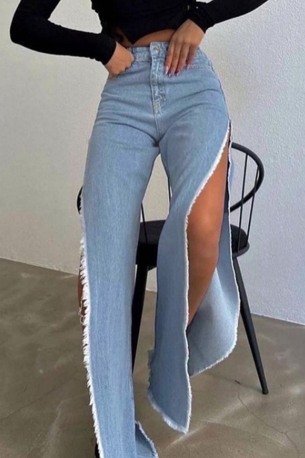 Casual Solid Slit Mid Waist Denim Jeans
