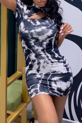 Sexy Print Hollowed Out Half A Turtleneck Short Sleeve Short Sleeve Dress