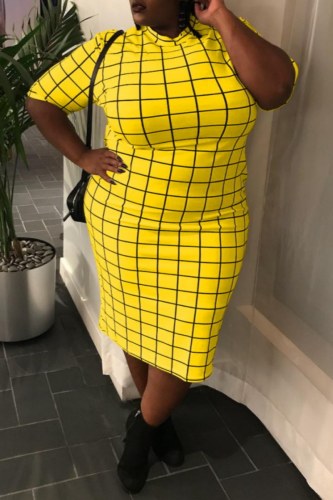 Casual Plaid Print Basic O Neck Short Sleeve Plus Size Dresses