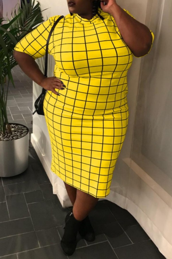 Casual Plaid Print Basic O Neck Short Sleeve Plus Size Dresses