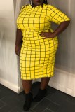 Casual Plaid Print Basic O Neck Short Sleeve Plus Size Dresses