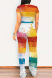 Casual Street Gradient Print Pocket Contrast O Neck Short Sleeve Two Pieces