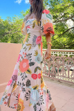Floral Print Square Neck Slim Fit Casual Long Milkmaid Dress