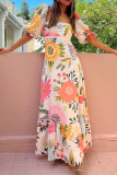 Floral Print Square Neck Slim Fit Casual Long Milkmaid Dress