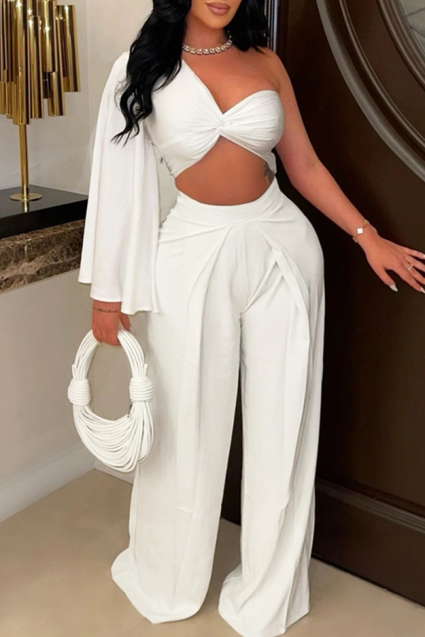 Elegant Solid Hollowed Out Patchwork Fold Long Sleeve Two Pieces