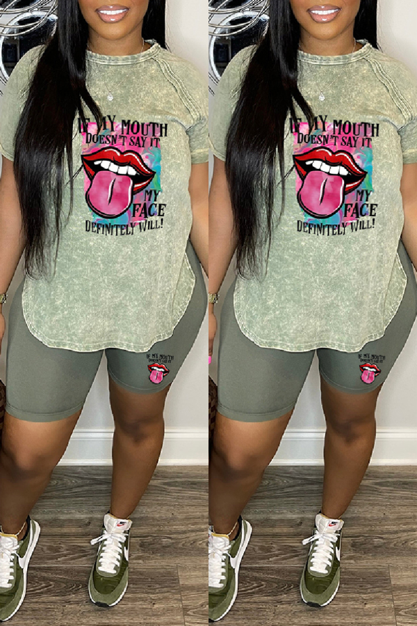 Green Casual Print Basic O Neck Short Sleeve Two Pieces