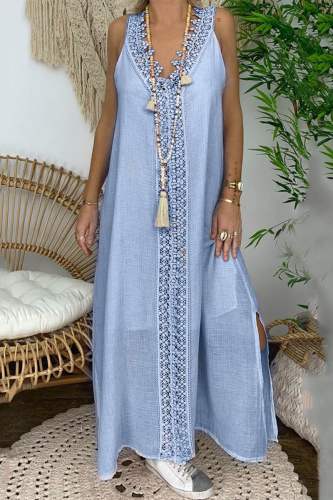 Lake Blue Casual Solid Lace V Neck Sleeveless Dress Dresses