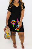 Orange Casual Print Basic V Neck Short Sleeve Dress