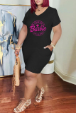 Black Casual Letter Print Basic V Neck Short Sleeve Dress