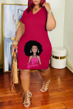Orange Casual Print Basic V Neck Short Sleeve Dress
