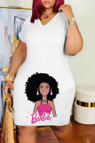 Orange Casual Print Basic V Neck Short Sleeve Dress