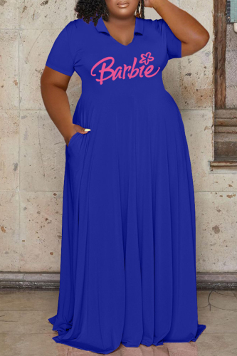 Blue Casual Letter Print Basic V Neck Short Sleeve Dress Plus Size Dresses Blue Casual Letter Print Basic V Neck Short Sleeve Dress Plus Size Dresses