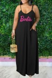 Casual Letter Print Backless Spaghetti Strap Long Dress Plus Size Dresses