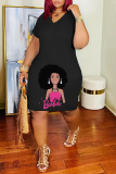 Orange Casual Print Basic V Neck Short Sleeve Dress
