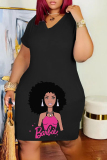 Orange Casual Print Basic V Neck Short Sleeve Dress
