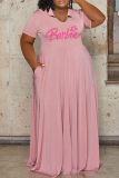 Blue Casual Letter Print Basic V Neck Short Sleeve Dress Plus Size Dresses
