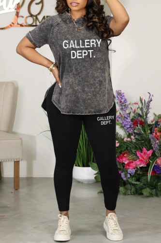 Black Casual Letter Print Slit Basic O Neck Short Sleeve Two Pieces