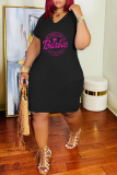 Black Casual Letter Print Basic V Neck Short Sleeve Dress