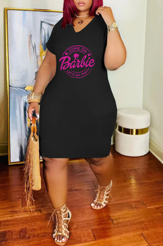 Black Casual Letter Print Basic V Neck Short Sleeve Dress