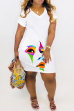 Orange Casual Print Basic V Neck Short Sleeve Dress