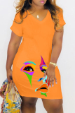 White Casual Print Basic V Neck Short Sleeve Dress