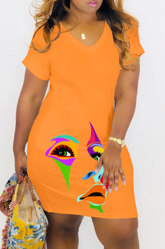 Orange Casual Print Basic V Neck Short Sleeve Dress