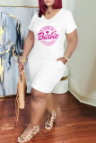 Black Casual Letter Print Basic V Neck Short Sleeve Dress