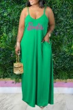 Casual Letter Print Backless Spaghetti Strap Long Dress Plus Size Dresses