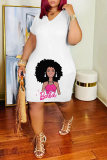 Orange Casual Print Basic V Neck Short Sleeve Dress