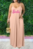 Casual Letter Print Backless Spaghetti Strap Long Dress Plus Size Dresses