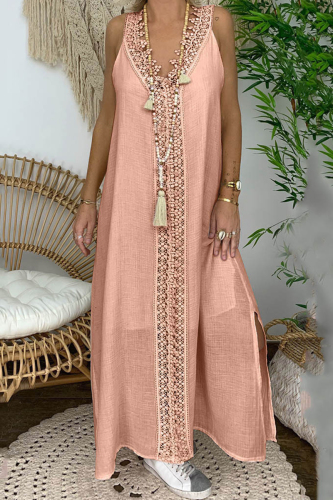 Pink Casual Solid Lace V Neck Sleeveless Dress Dresses