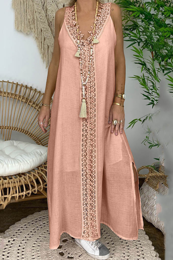 Pink Casual Solid Lace V Neck Sleeveless Dress Dresses