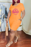 Black Casual Letter Print Basic V Neck Short Sleeve Dress