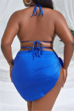 Sexy Solid Bandage Backless Halter Plus Size Swimwear Three Piece Set
