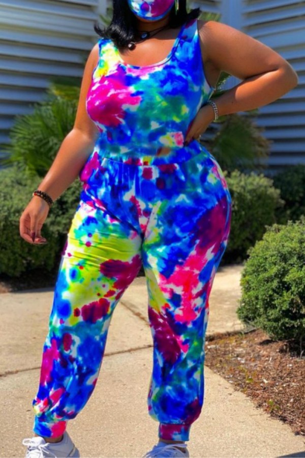 Casual Print Tie-dye U Neck Plus Size Jumpsuits
