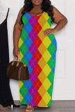 Sexy Casual Print Rhombic Backless Spaghetti Strap Long Plus Size Dresses