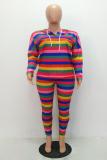 Rainbow color Rainbow Color Striped Hooded Tops Skinny Pants Long Sleeve Two-piece Set