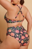 Sexy Print Backless Spaghetti Strap Plus Size Swimwear Set