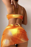 Sexy Print Bandage Backless Swimsuit Three Piece Set (With Paddings)