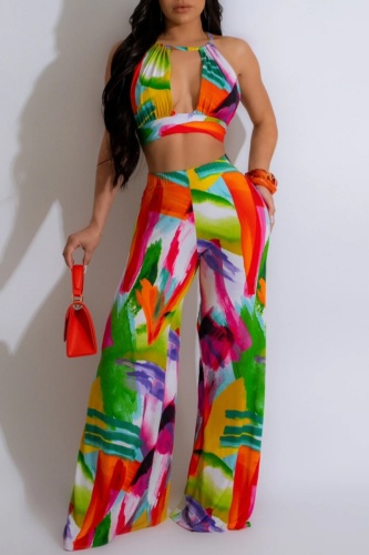 Sexy Print Bandage Hollowed Out Backless Halter Sleeveless Two Pieces