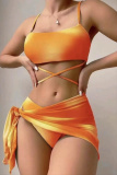 Sexy Print Bandage Backless Swimsuit Three Piece Set (With Paddings)