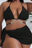 Sexy Solid Bandage Backless Halter Plus Size Swimwear Three Piece Set
