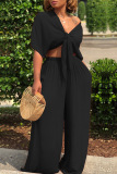 Casual Solid Frenulum V Neck Short Sleeve Two Pieces