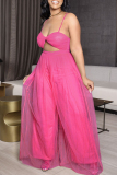Casual Solid Hollowed Out Patchwork Mesh Zipper Spaghetti Strap Loose Jumpsuits