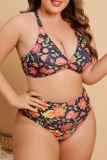 Sexy Print Backless Spaghetti Strap Plus Size Swimwear Set