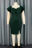 Casual Solid Patchwork With Bow Square Collar Short Sleeve Dress